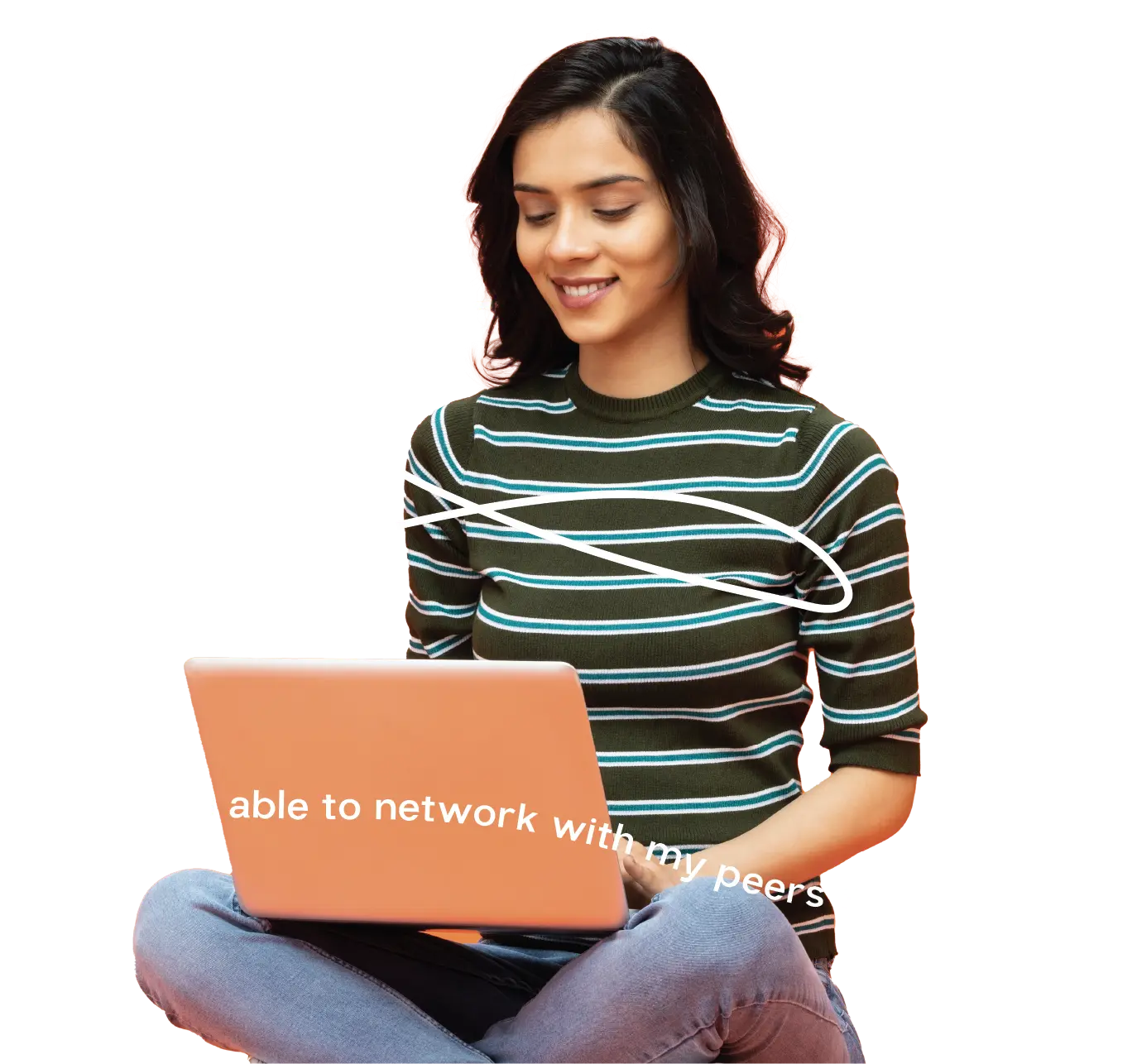 Young woman on her laptop with text saying 'I've been able to network with my peers around me'.